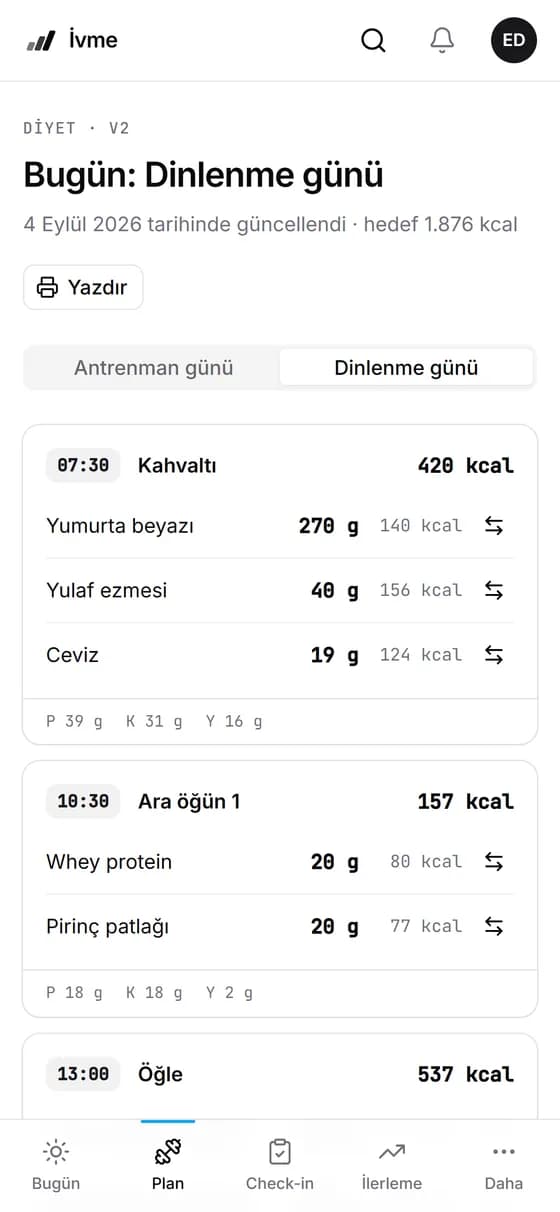 Öğrencinin diyet ekranı